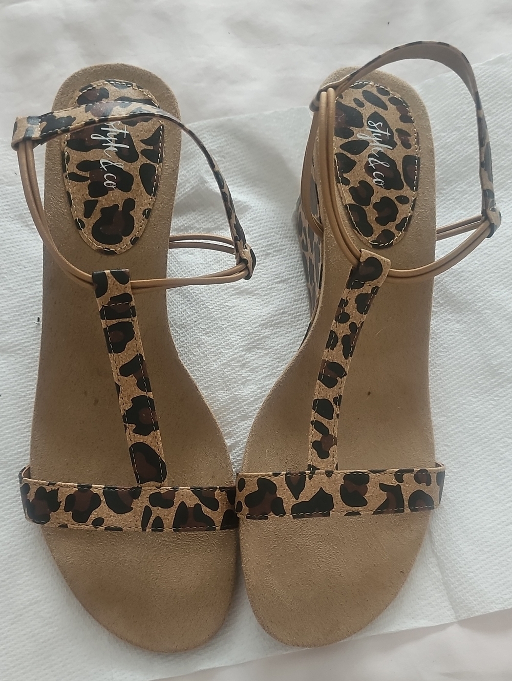 Styluxe Leopard-Print T-Strap Wedge Sandals - Brown/Tan